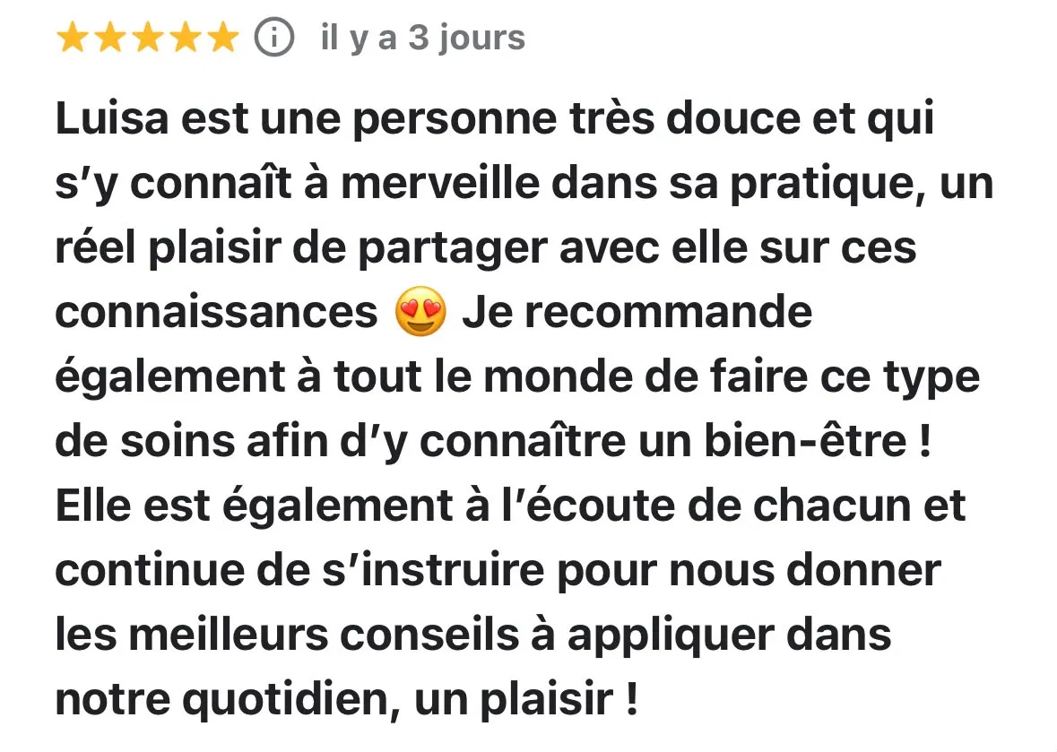 Avis Google 5 étoiles : personne très douce, à l'écoute et compétente